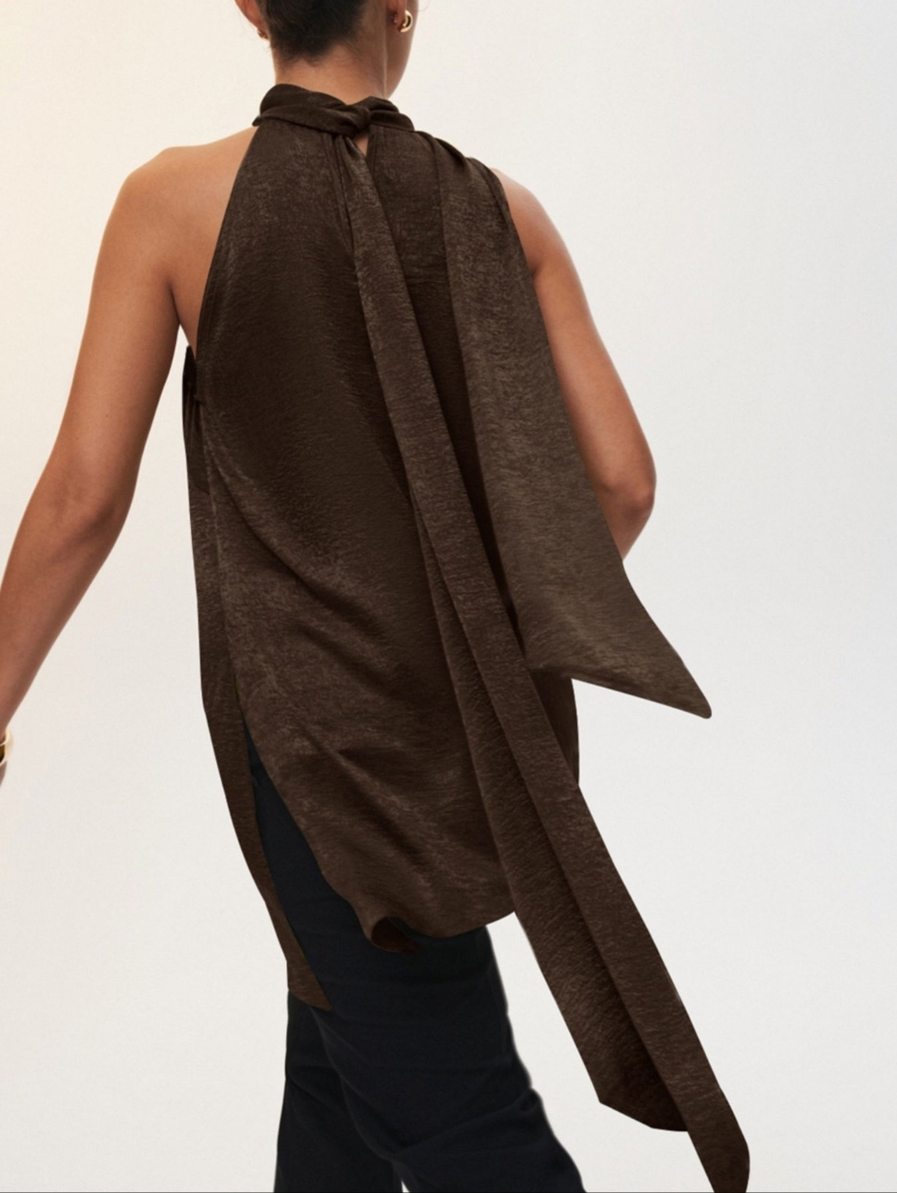 High-Neck Tie Halter Top - Chocolate Brown - Picture 4 of 12